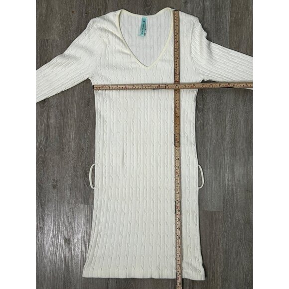 J J Authentic Women’s M/L V-Neck‎ Knit Sweater Dress Cream Ribbed Long Sleeve - Picture 3 of 7